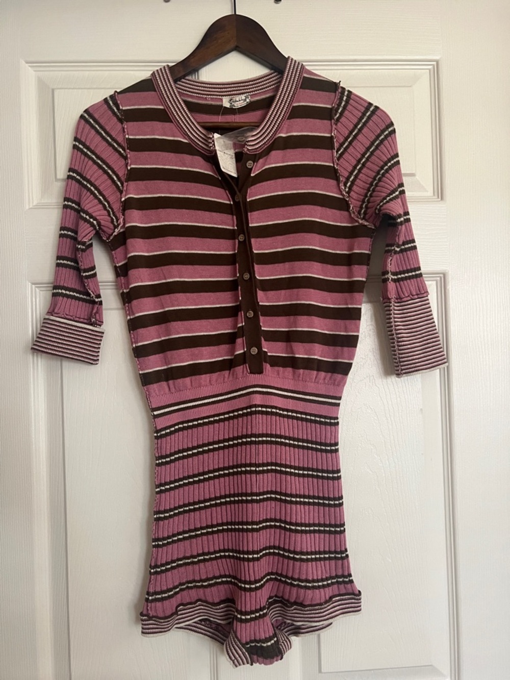 NEW Free People Pink and Brown Striped Knit Romper